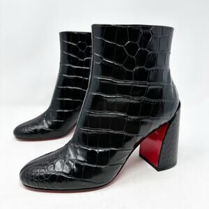 Christian Louboutin Turela Black Croc Embossed Leather Ankle Boots Size 37